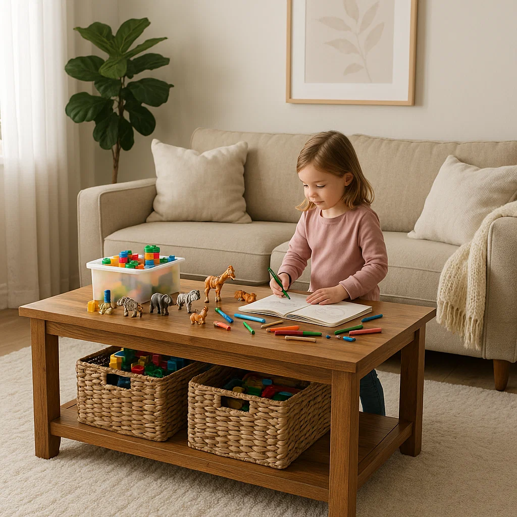 Young girl drawing and playing with animal toys on a wooden coffee table in a cozy living room.
