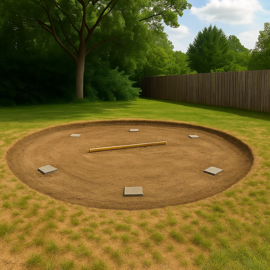 Compacted sand surface being leveled with a rake for stable pool foundation.