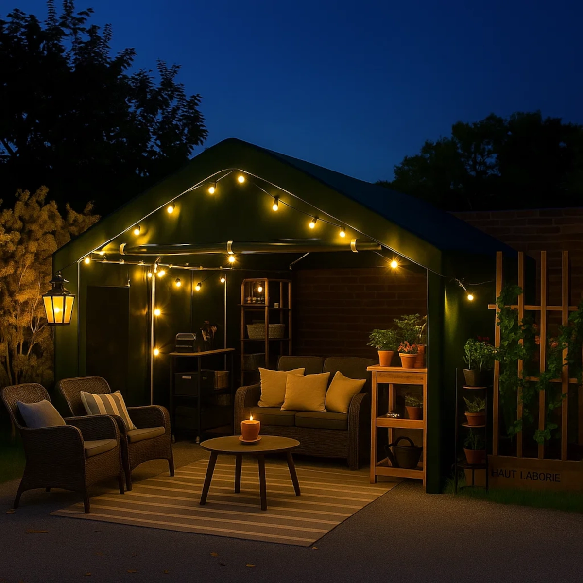Comfortable outdoor seating under string lights with plants and a table centerpiece
