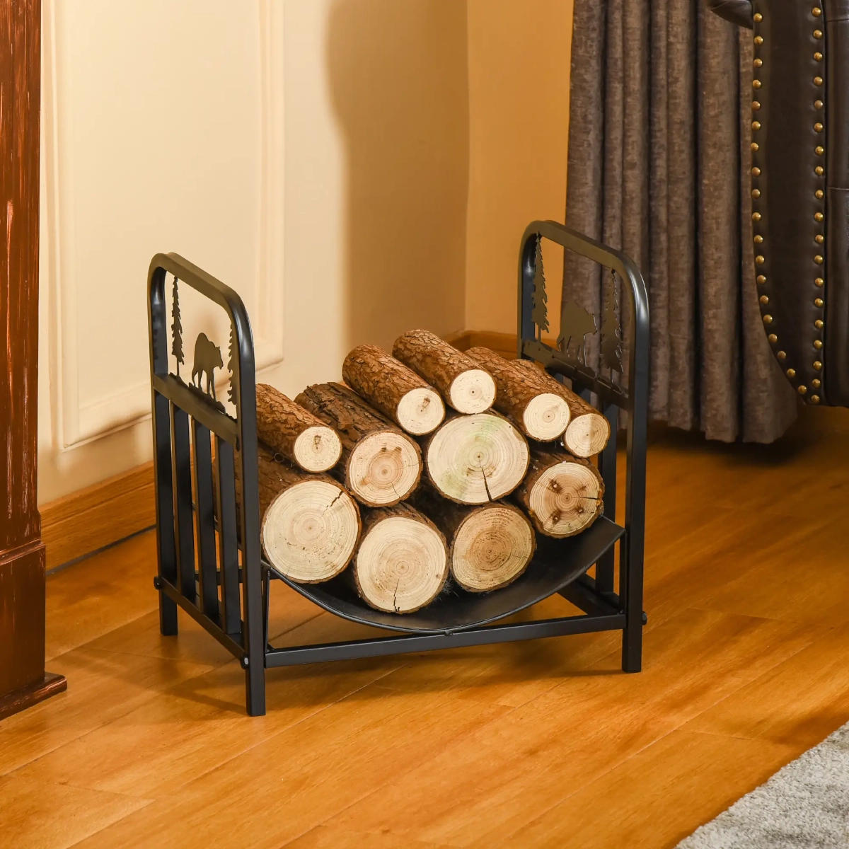 Indoor firewood rack with bear and tree design, neatly storing split logs beside a fireplace.