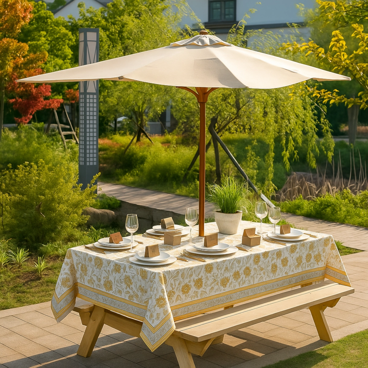Outdoor picnic table with place cards, plates, and wine glasses under a cream patio umbrella.