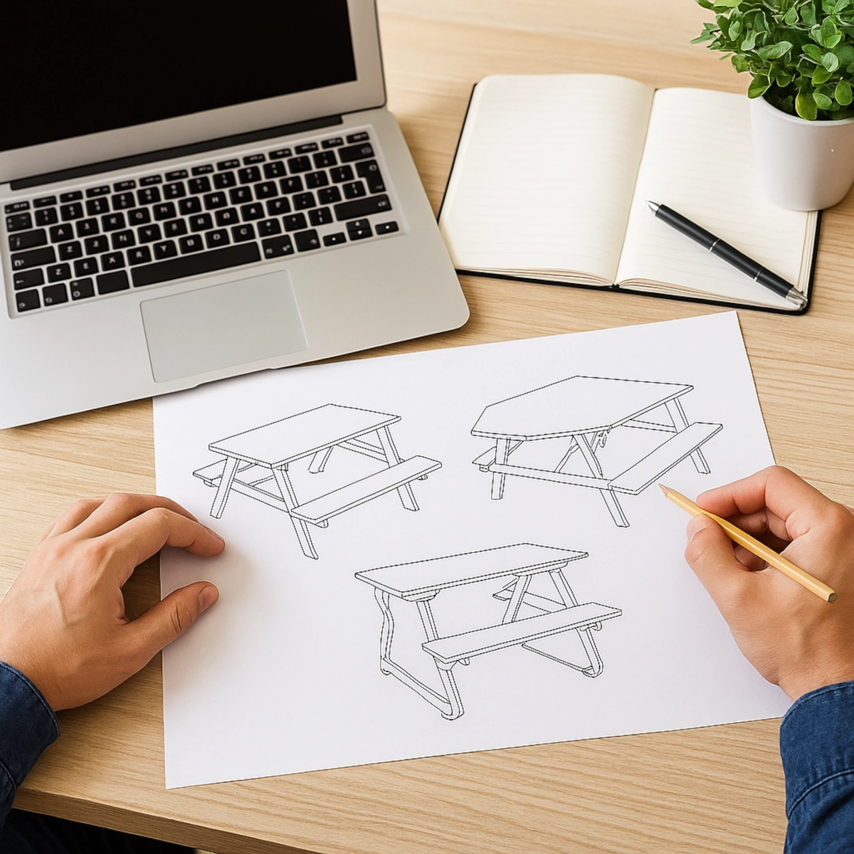 Hands sketching different picnic table designs on paper next to a laptop and notebook.