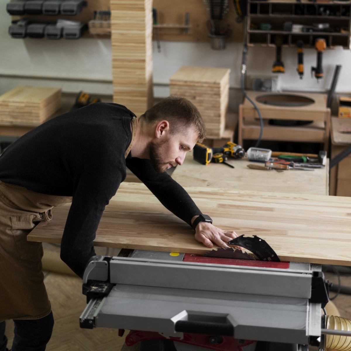 Man using table saw to cut wooden plank in a workshop filled with woodworking tools.