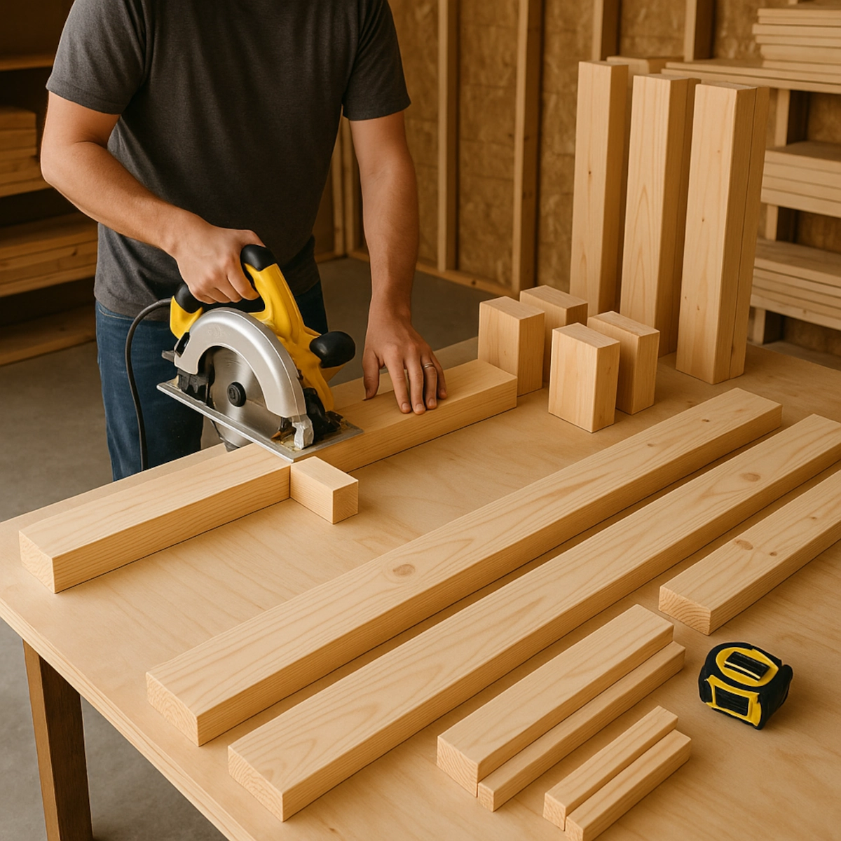 Man using a circular saw to cut pine lumber pieces on a workshop table.