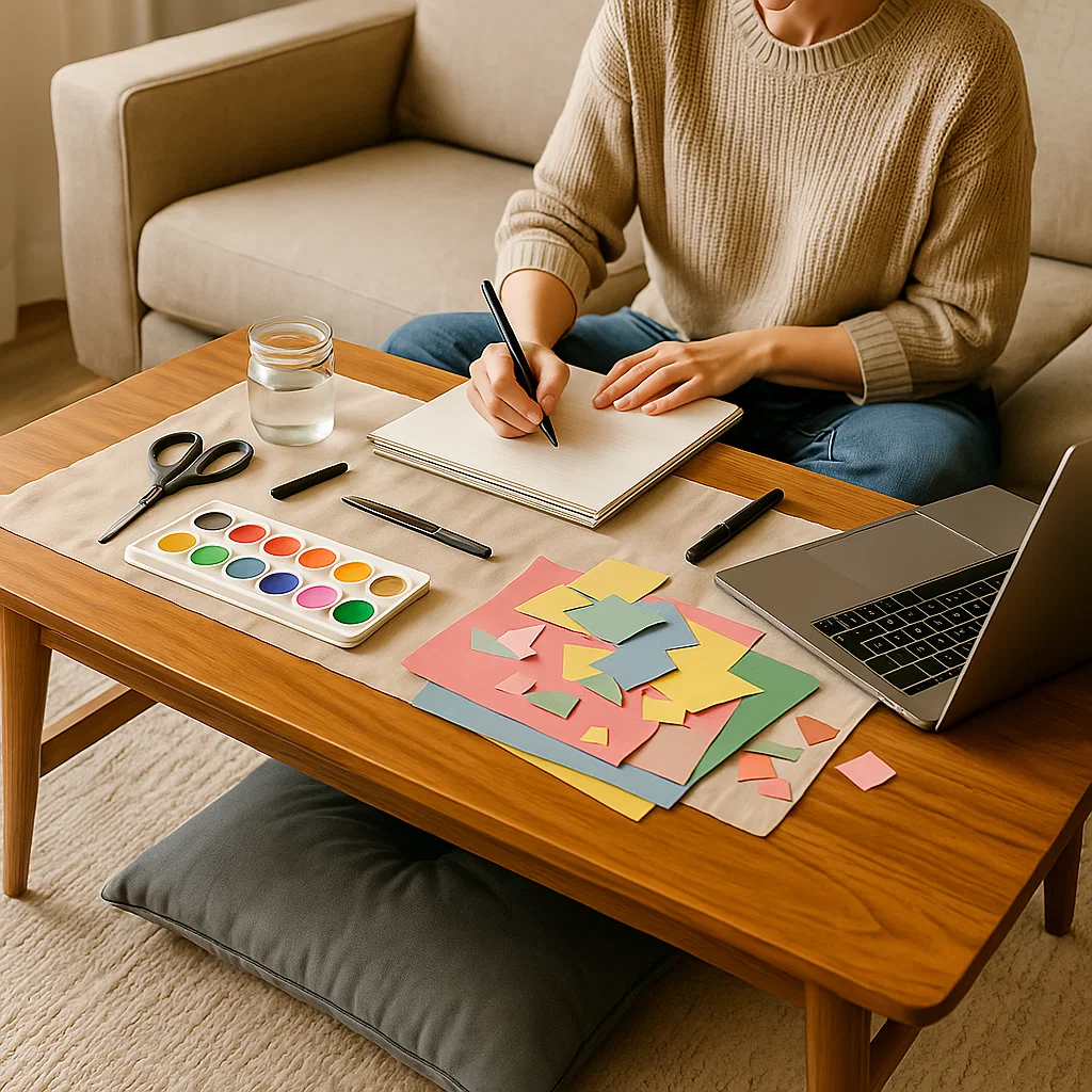 Person writing in notebook with scissors, paint, and colored paper on a wooden coffee table.
