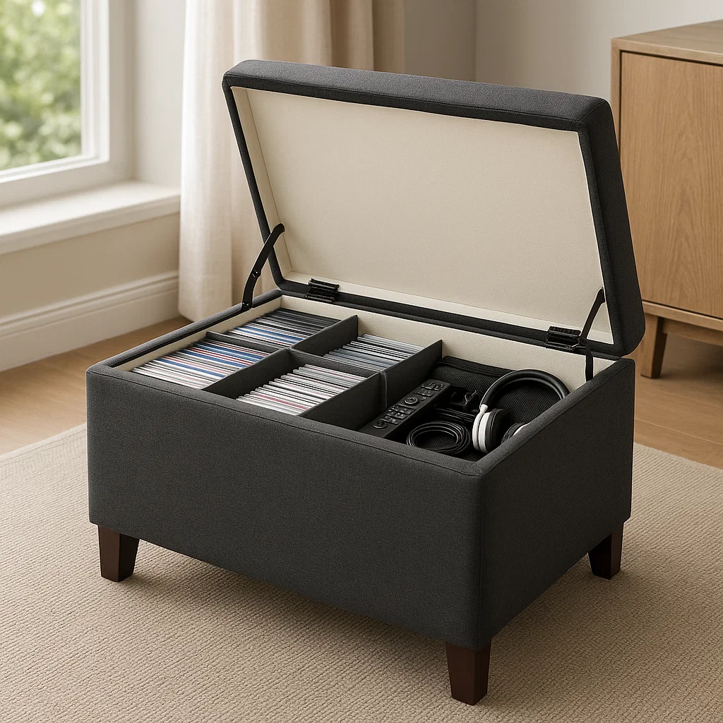 Black ottoman with open top, filled with CDs, electronics, and headphones, organized in sections.