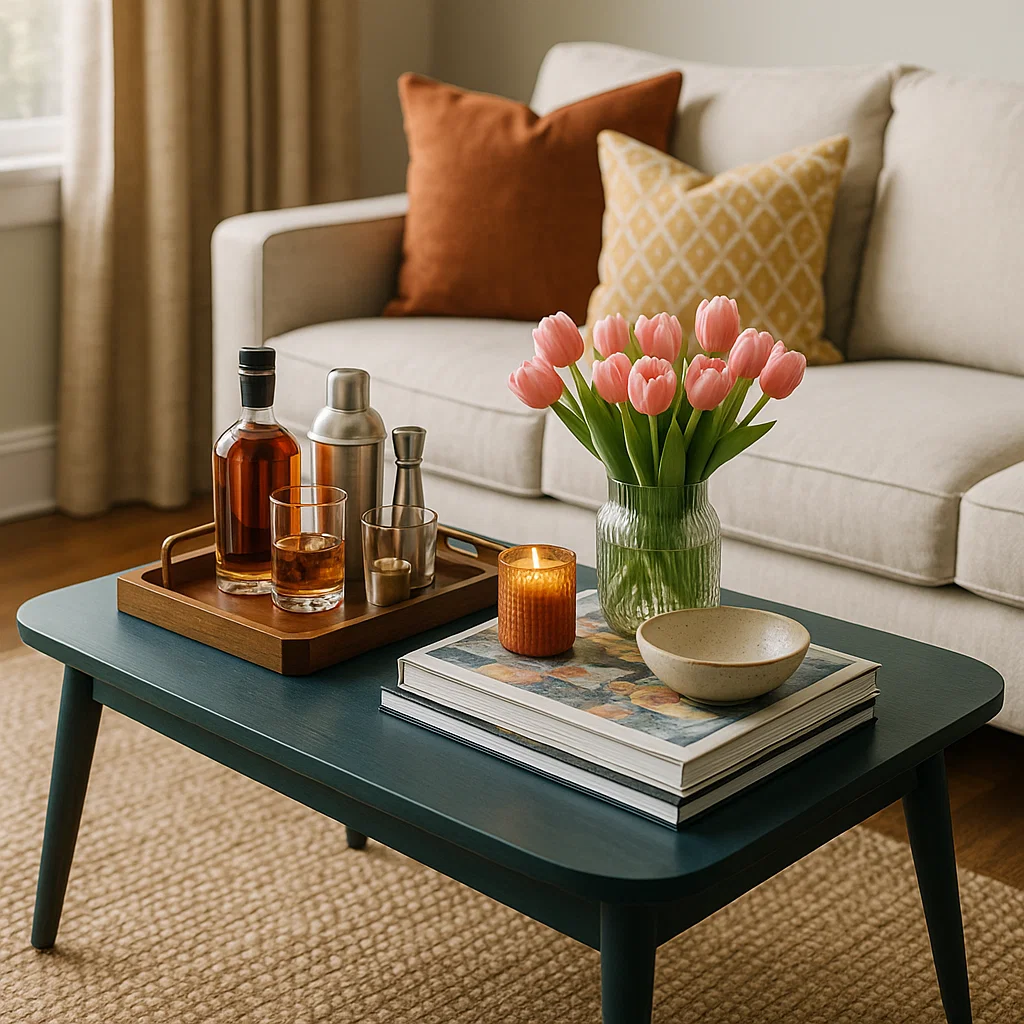 Modern coffee table styled with books, a candle, a flower vase, and a drink tray in a bright room.