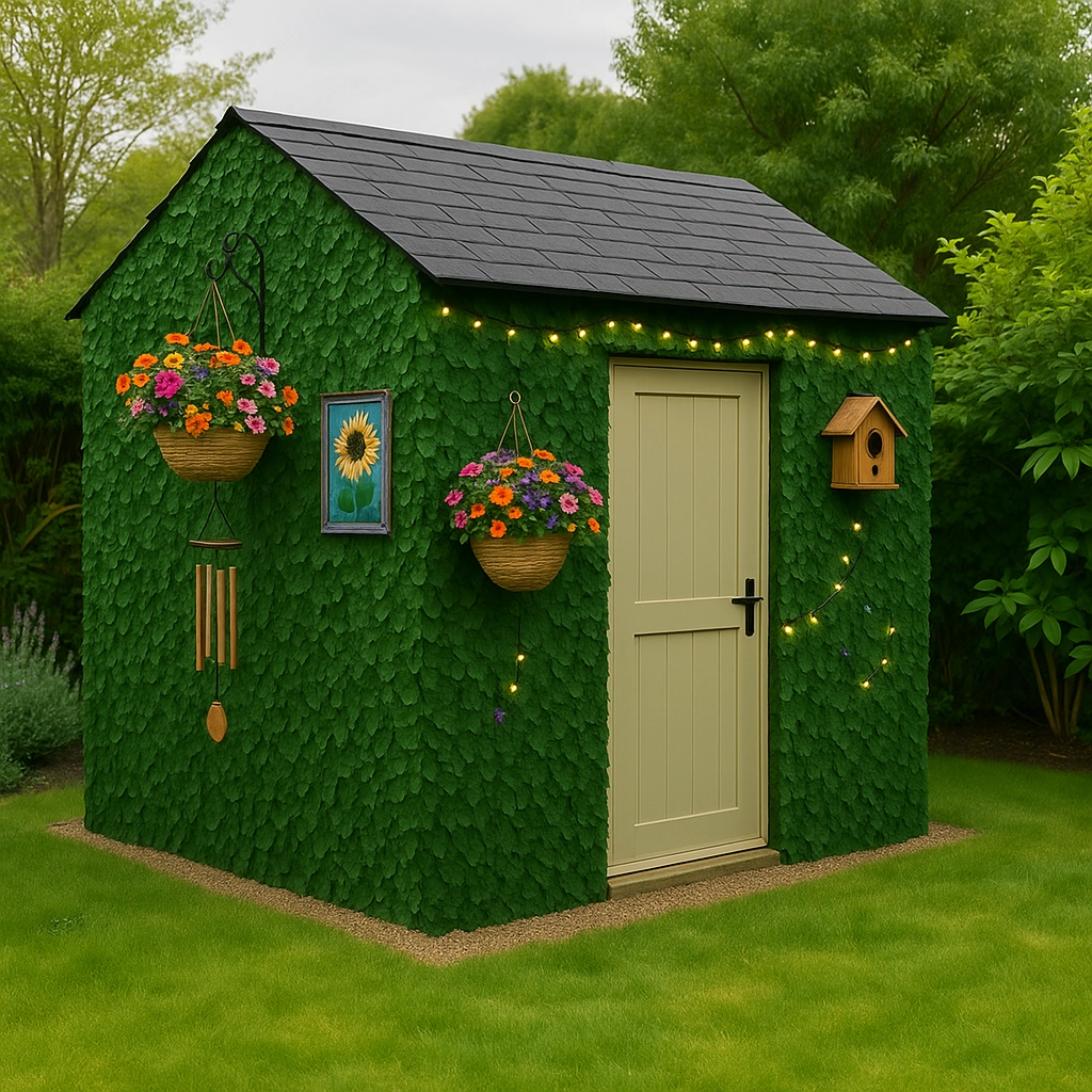 Green shed with flowers, a framed picture, wind chimes, and birdhouse for decorative appeal.