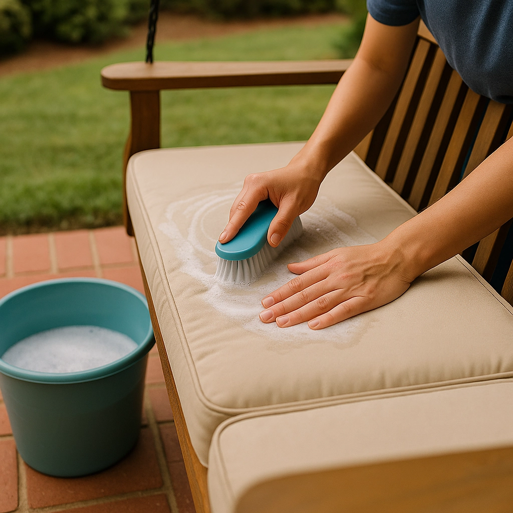 Power washing outdoor porch swing cushions for a deep, thorough clean