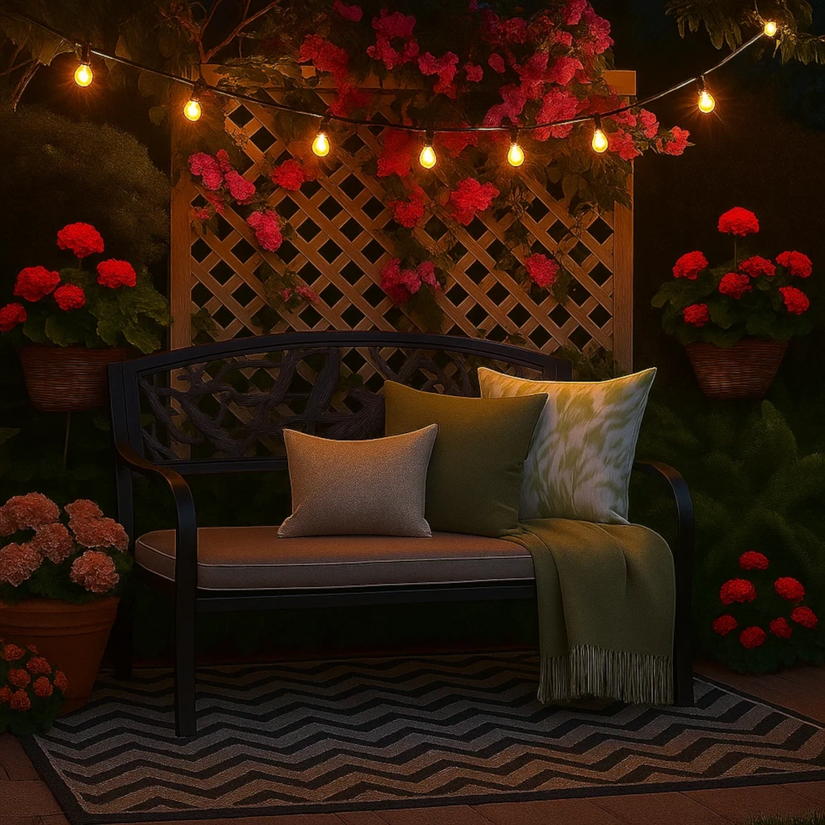 Outdoor bench placed on a patterned rug to define a cozy garden nook.