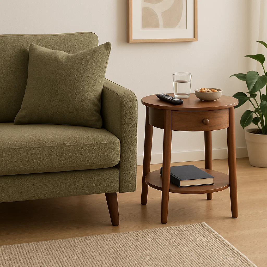 Wooden table with drawer and shelf beside green sofa.