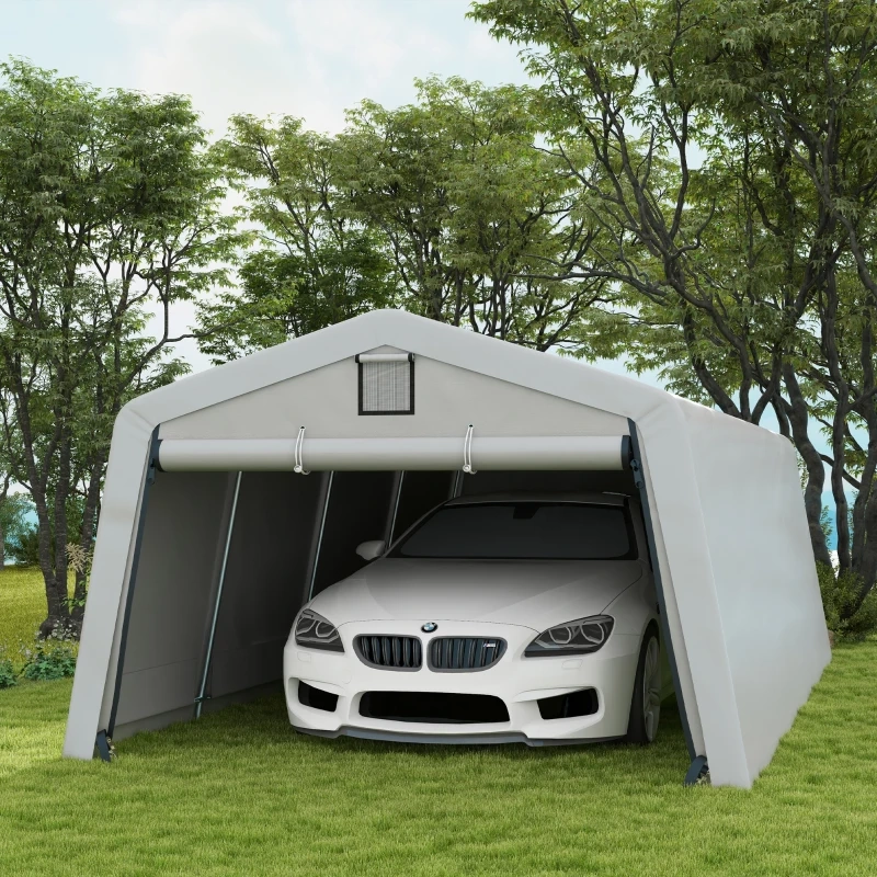 BMW sheltered inside a full-enclosed portable carport tent with roll-up front door and vents.