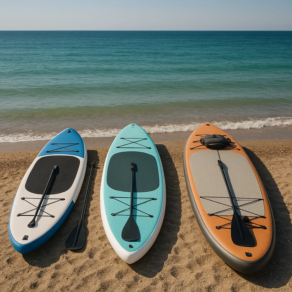 Three inflatable paddle boards placed on the beach with paddles beside the shoreline.
