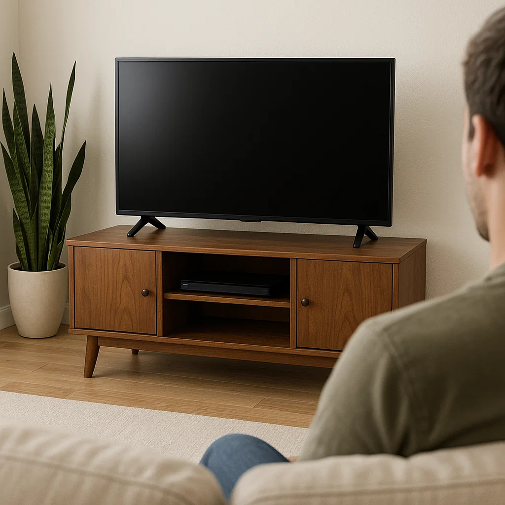 Man sitting on sofa viewing a flat-screen TV placed at eye level on a wooden media console.