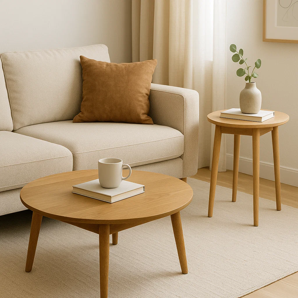 Round wooden coffee table and matching side table with books and mug in modern living space.