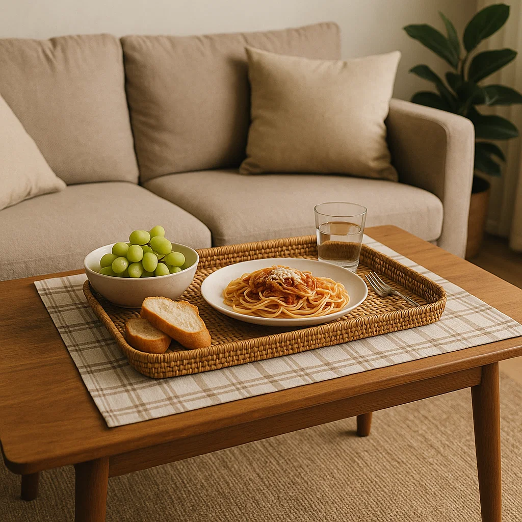 Close-up of a meal with spaghetti, grapes, and bread on a tray atop a wood coffee table.