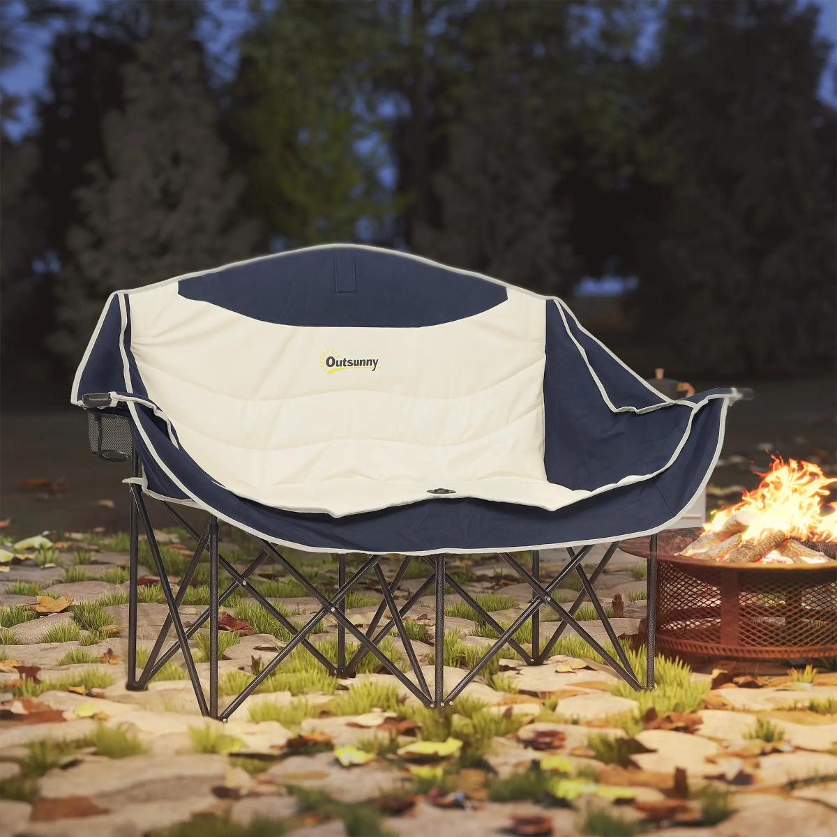 Foldable double camping chair with two cup holders, perfect for couples at outdoor events.