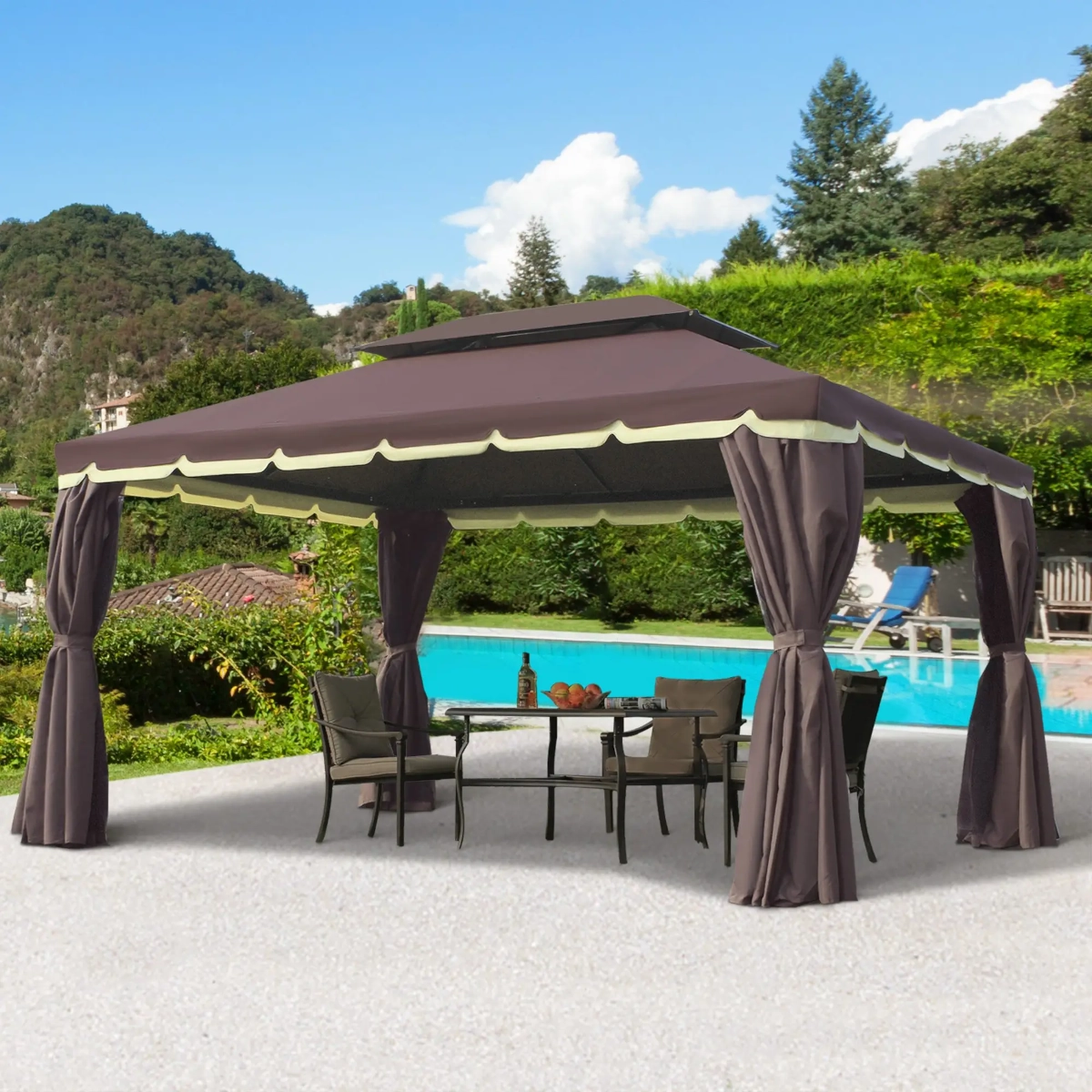 Brown gazebo with curtains and outdoor furniture next to a pool with a scenic view.