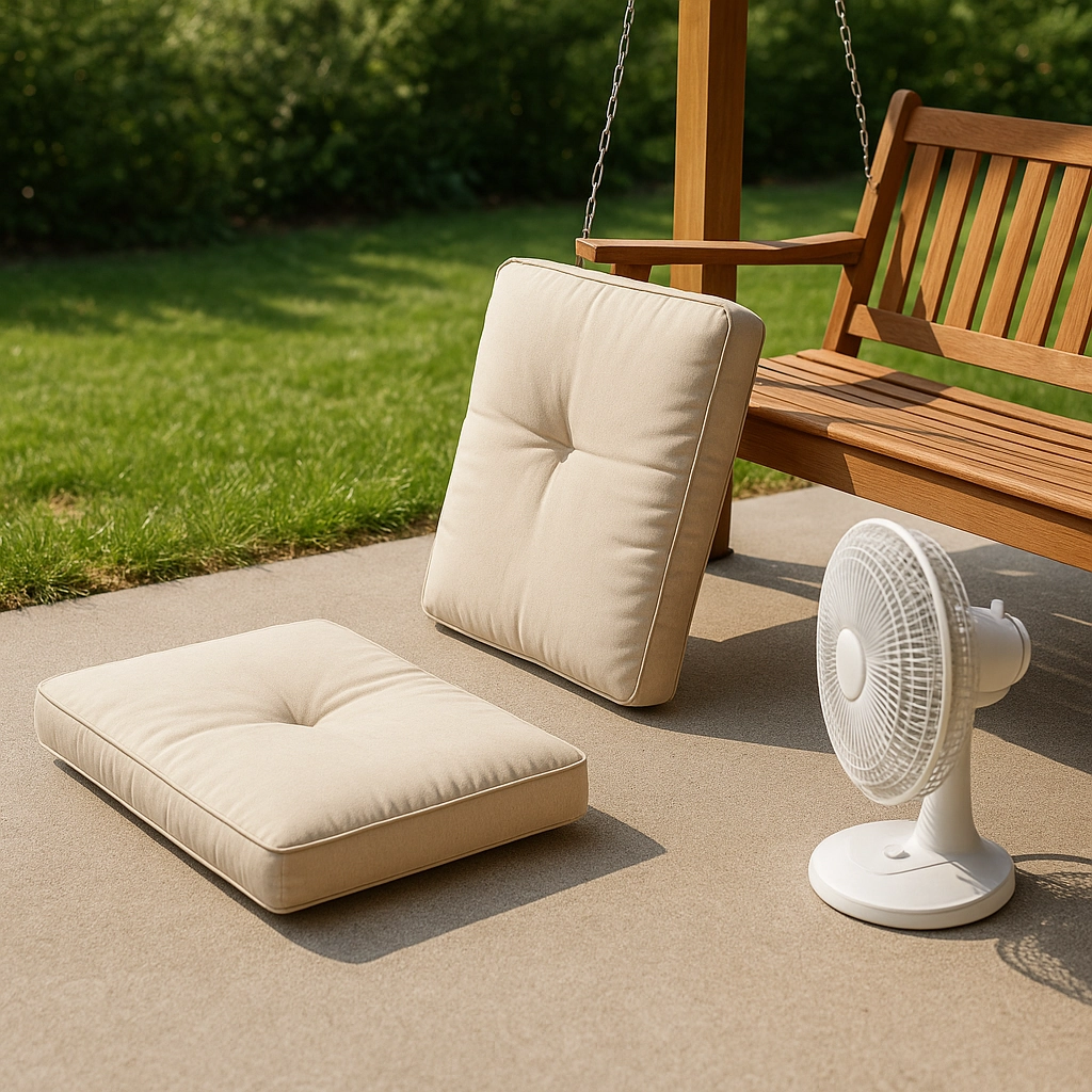 Porch swing cushions drying in sunlight to prevent mold and mildew