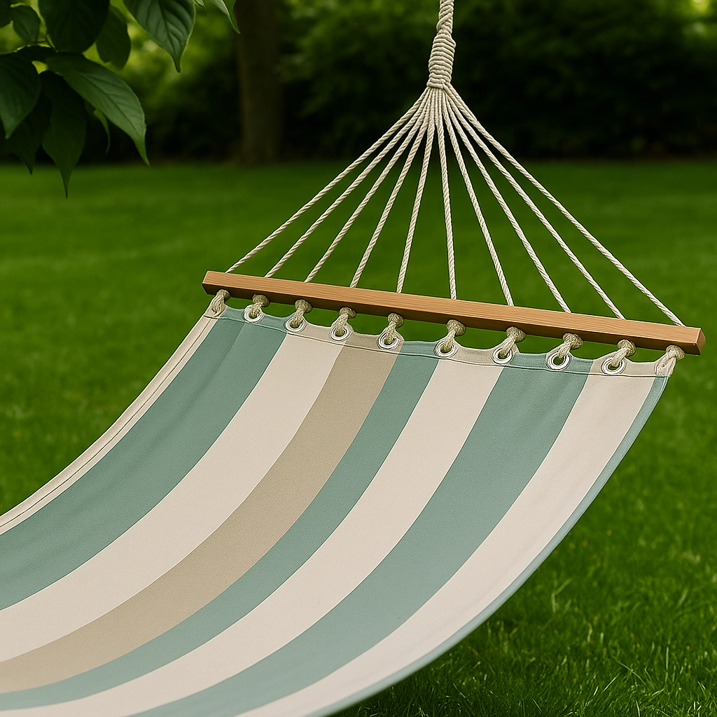 Blue hammock drying in shade, hanging between tree and fence in a backyard.
