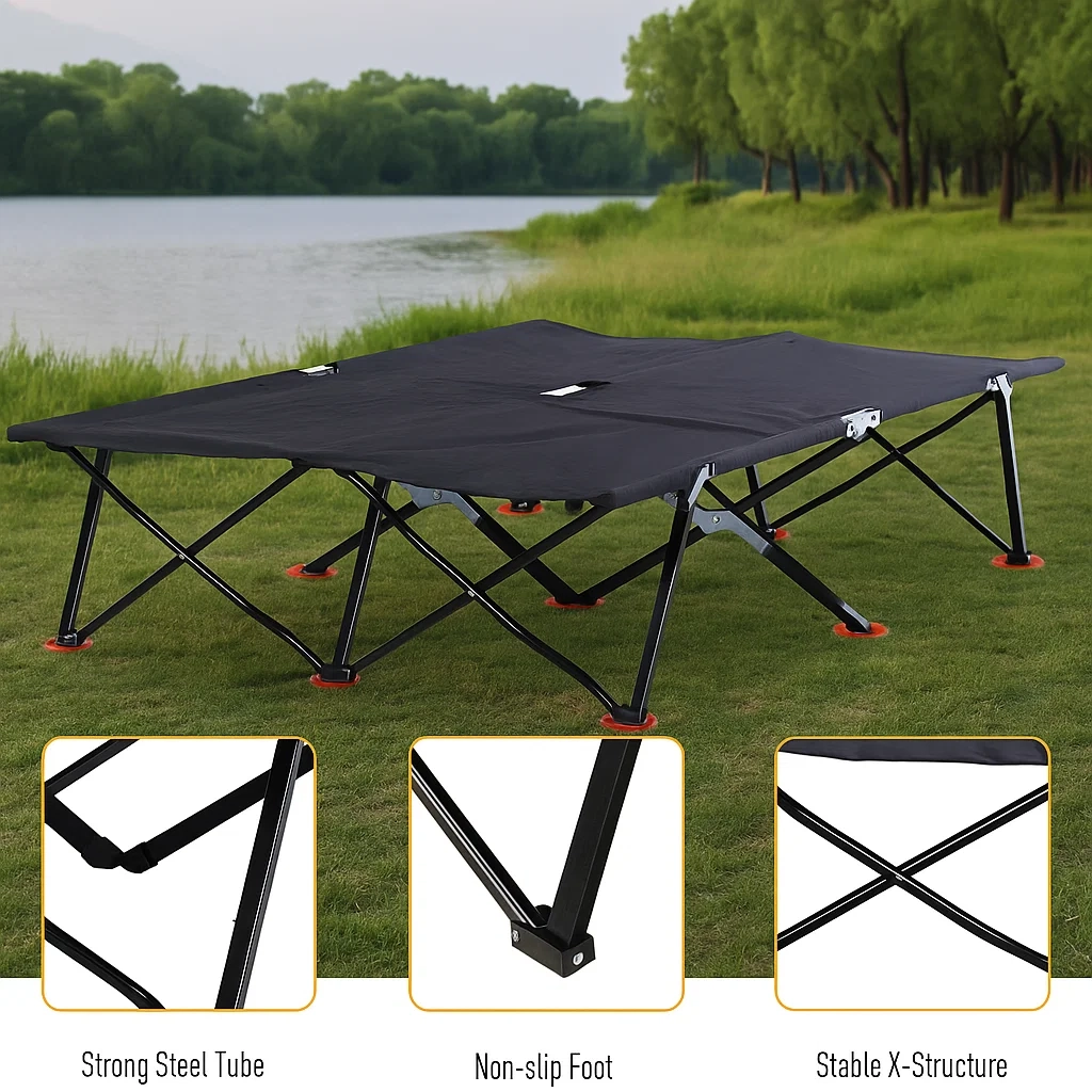 Close-up of cot frame showing thick steel tubing and durable fabric stretched tightly.