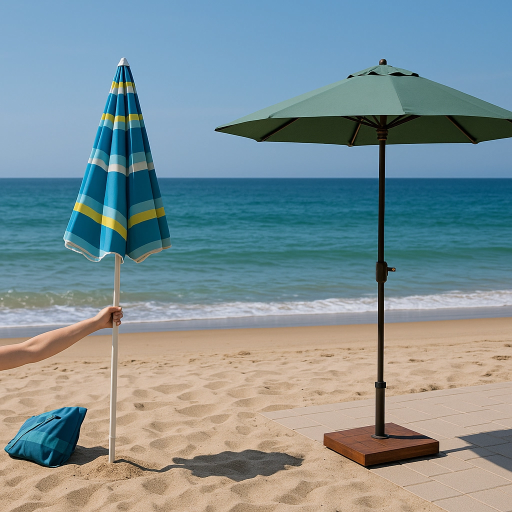 Person holding striped beach umbrella beside green patio umbrella showing stability on beach.