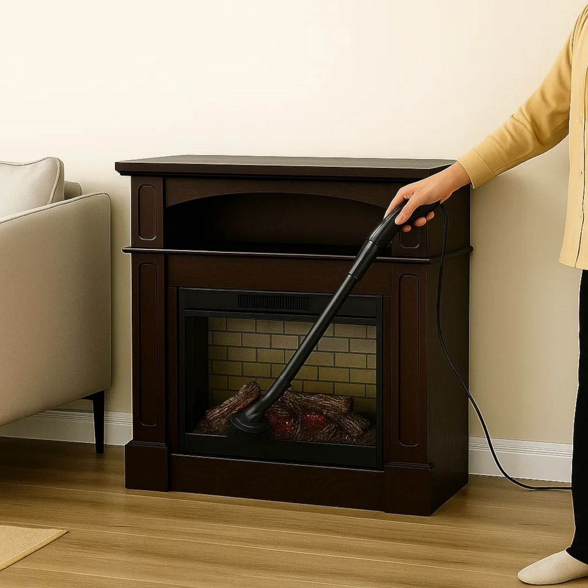Person using a vacuum with brush attachment to clean ember bed inside an electric fireplace.