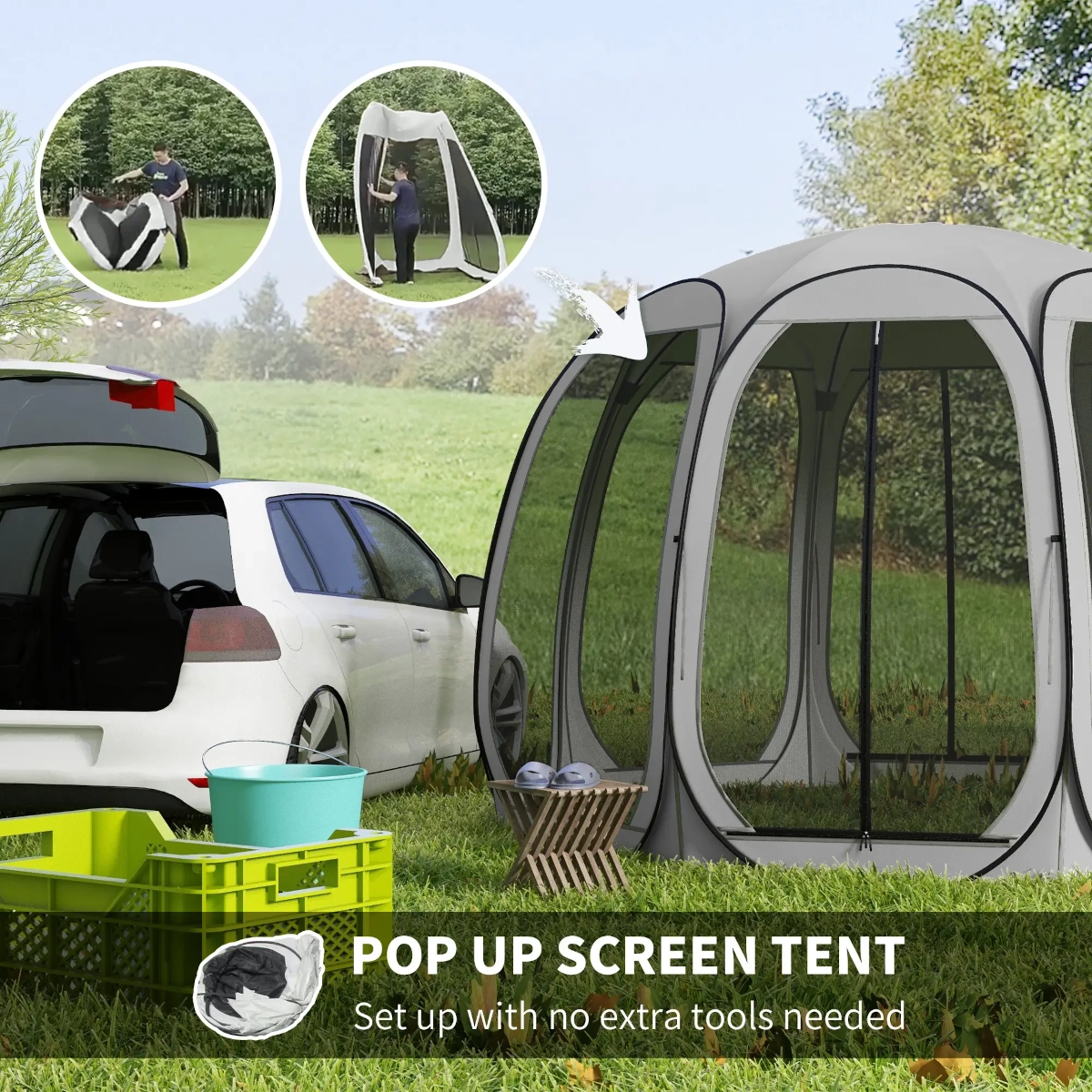 Person easily setting up a pop-up tent in a lush outdoor environment without tools.