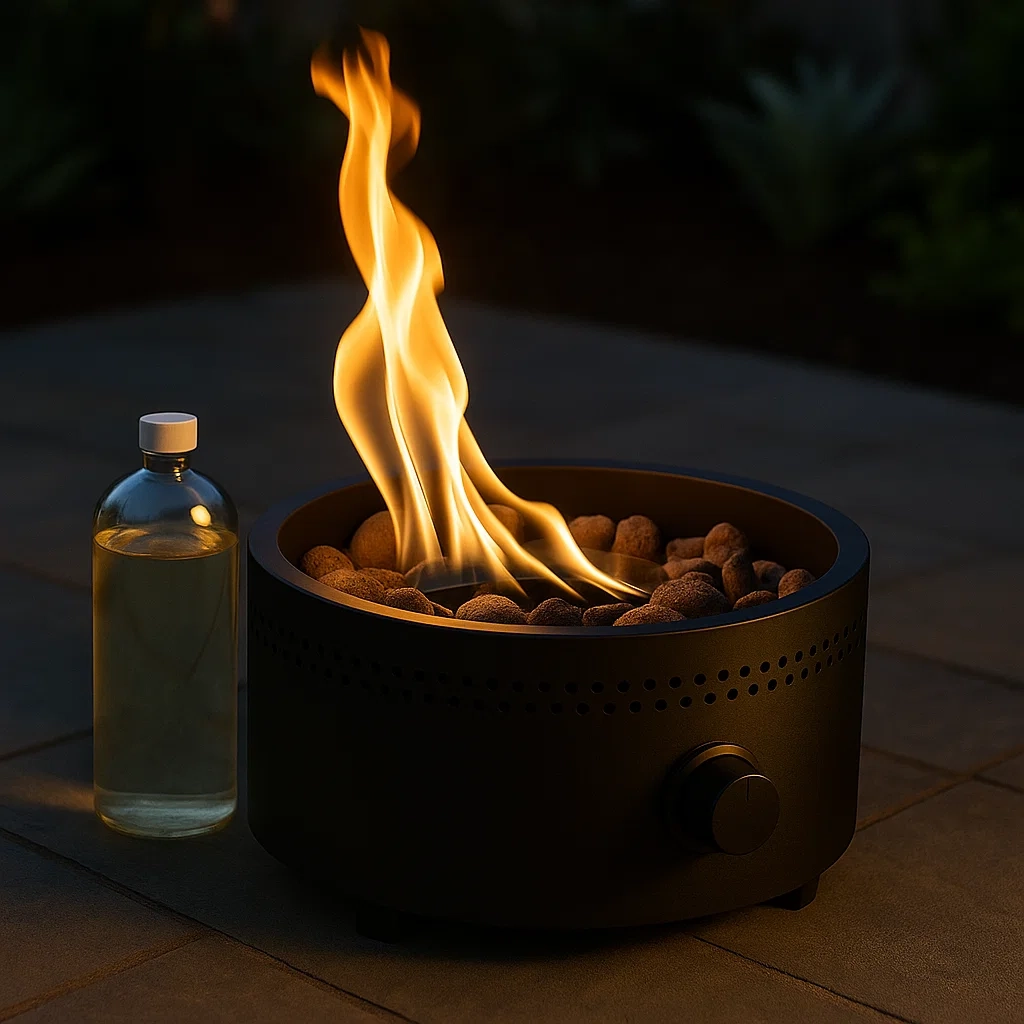 Sustainable fire pit made of recycled metal burning cleanly in an urban garden setting