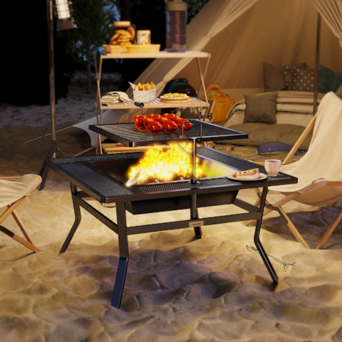 Camp-style fire pit with grill setup cooking food, surrounded by chairs and a tent.