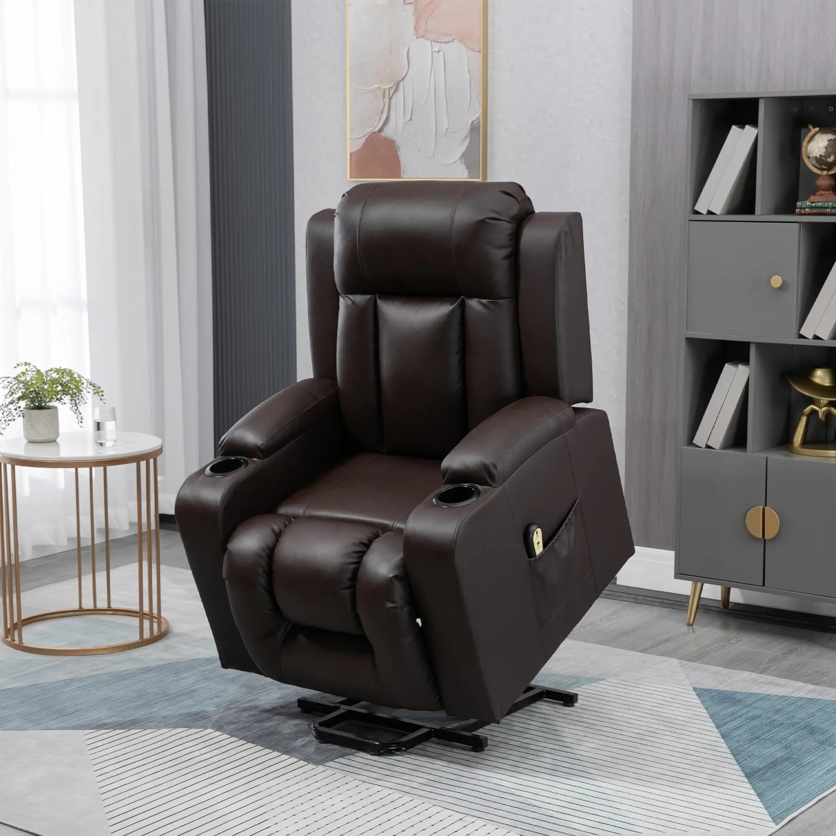 Brown leather electric recliner with cup holders placed in a stylish home setting.