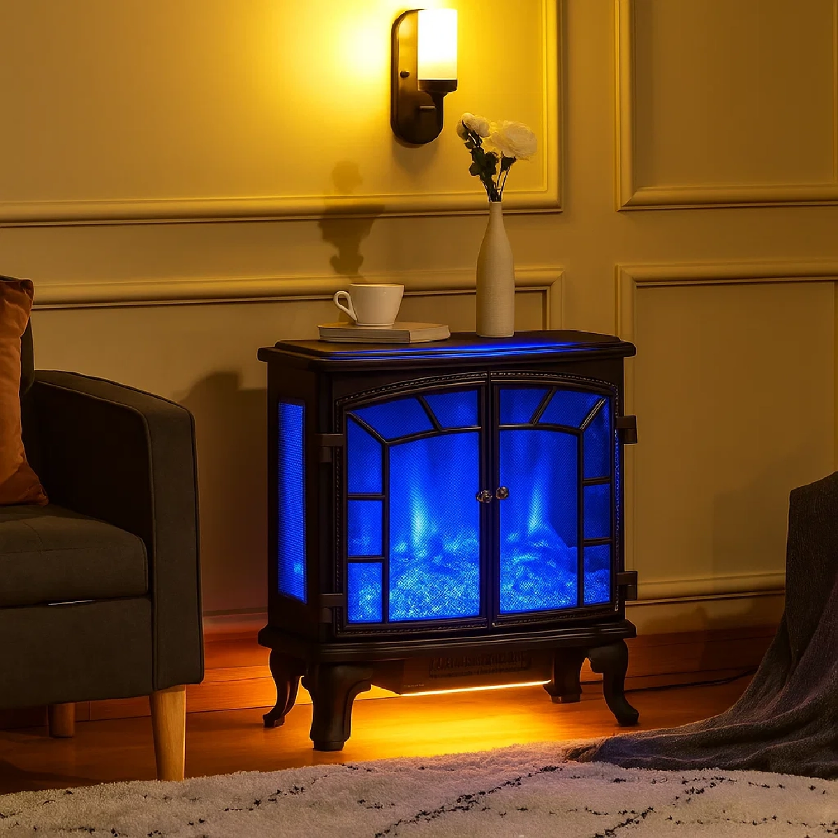 Electric fireplace glowing with blue LED flame, paired with warm wall lighting for cozy evening ambiance.