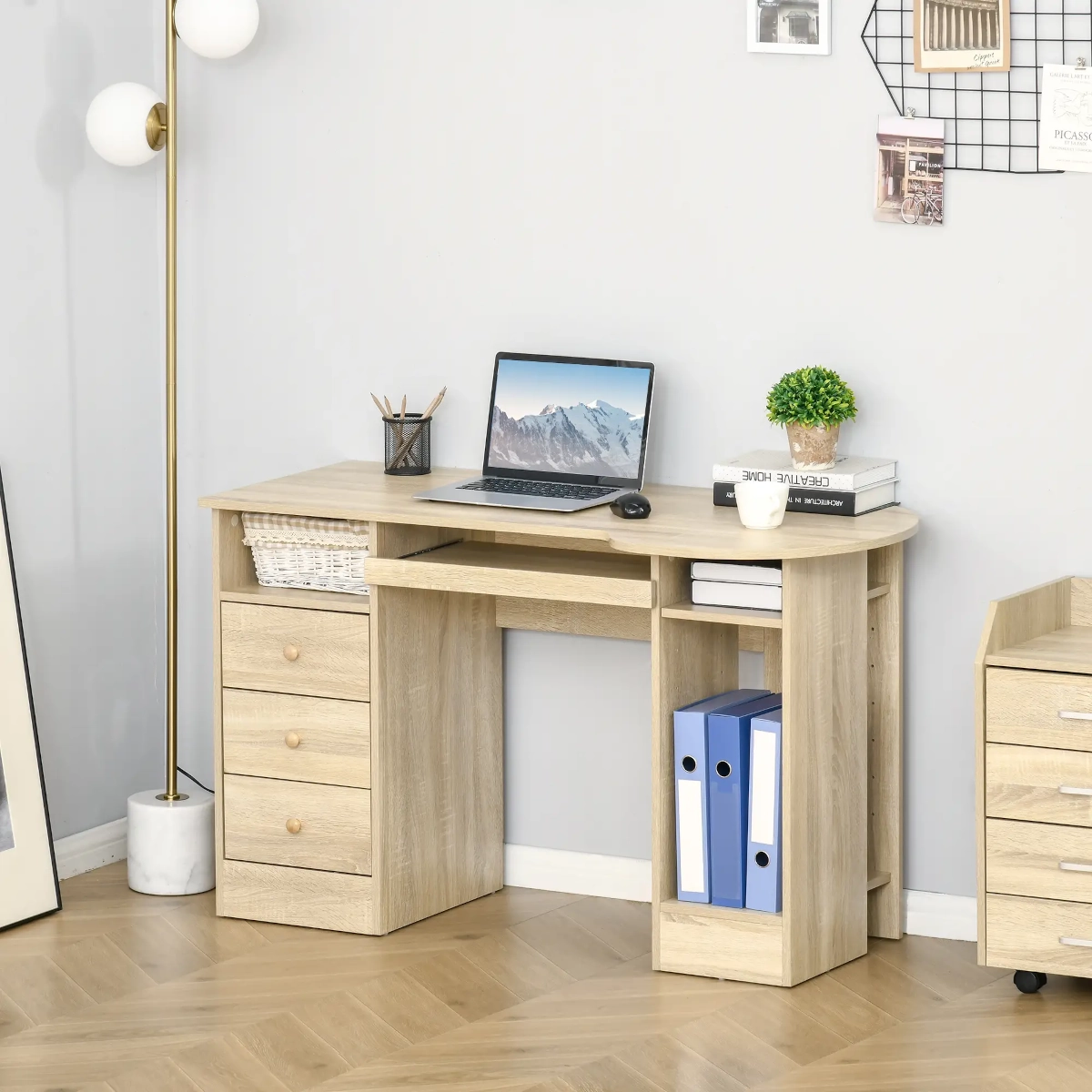 Modern home office with wood desk, dual monitors, and natural light for an efficient workspace.
