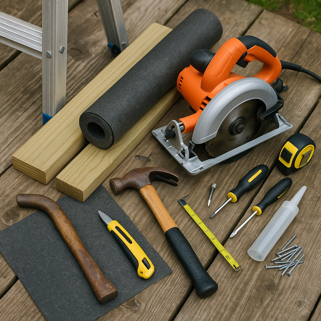 Set of essential hand tools and materials used for DIY wooden shed maintenance and repair tasks.