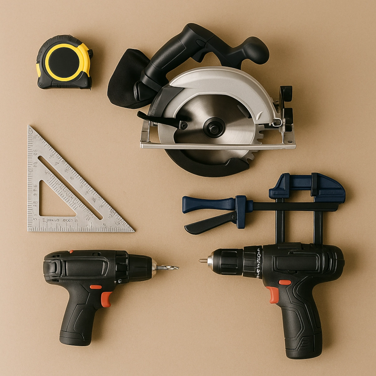 Set of carpentry tools, including drills, clamps, tape measure, and a circular saw, arranged on a beige background.