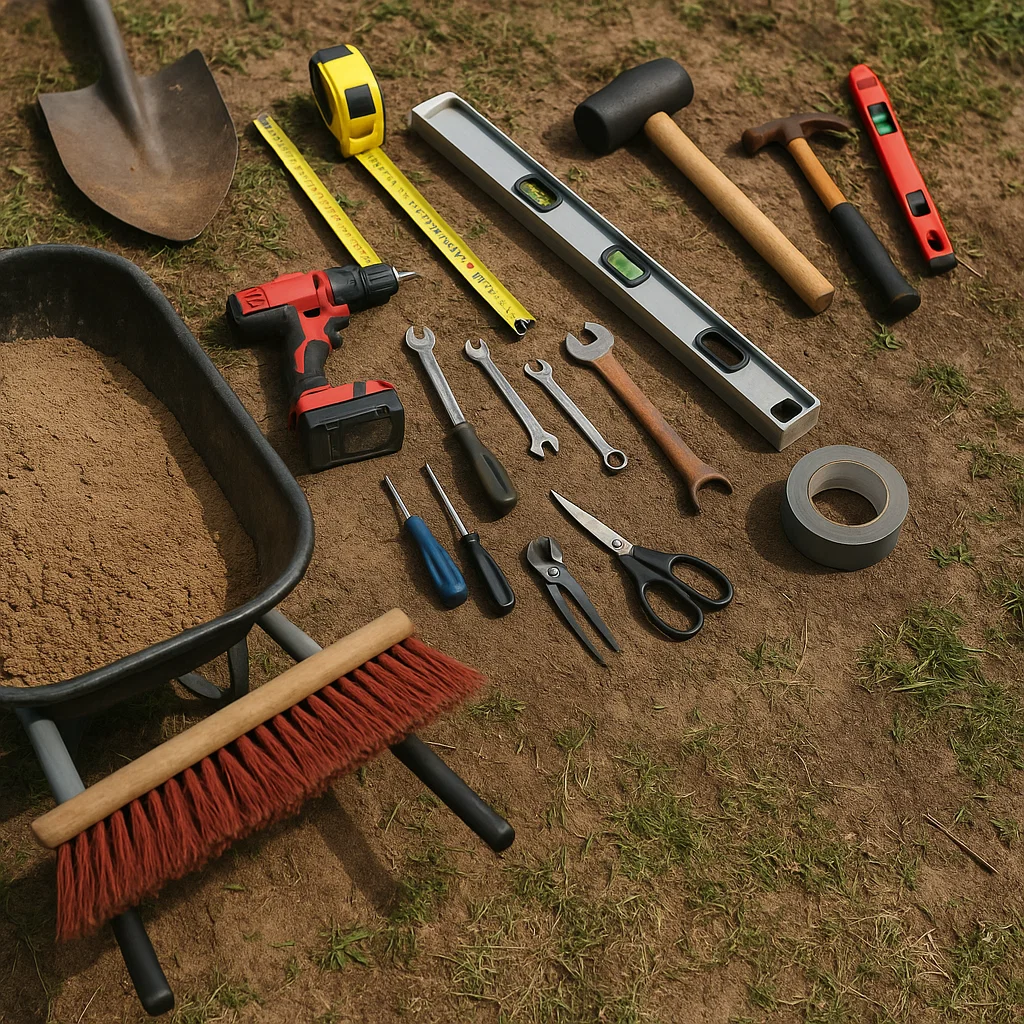 Collection of tools including level, shovel, and rake laid out on grass for pool setup.