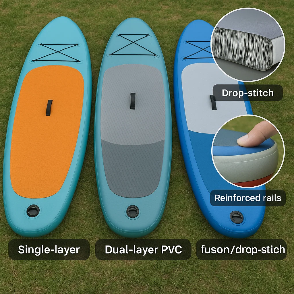 Three paddle boards showcasing different construction types: single-layer, dual-layer, drop-stitch.