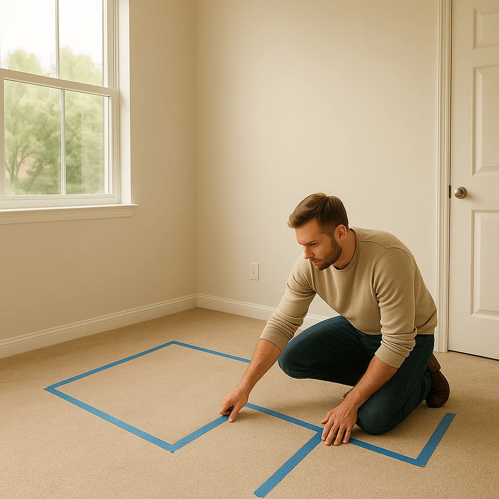 Man using blue painter’s tape on floor to plan layout in empty, well-lit room.