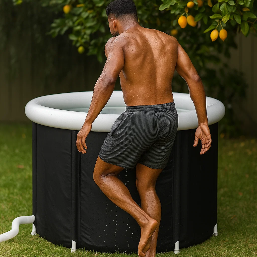 Individual slowly exiting cold plunge tub after completing a timed cold therapy session.