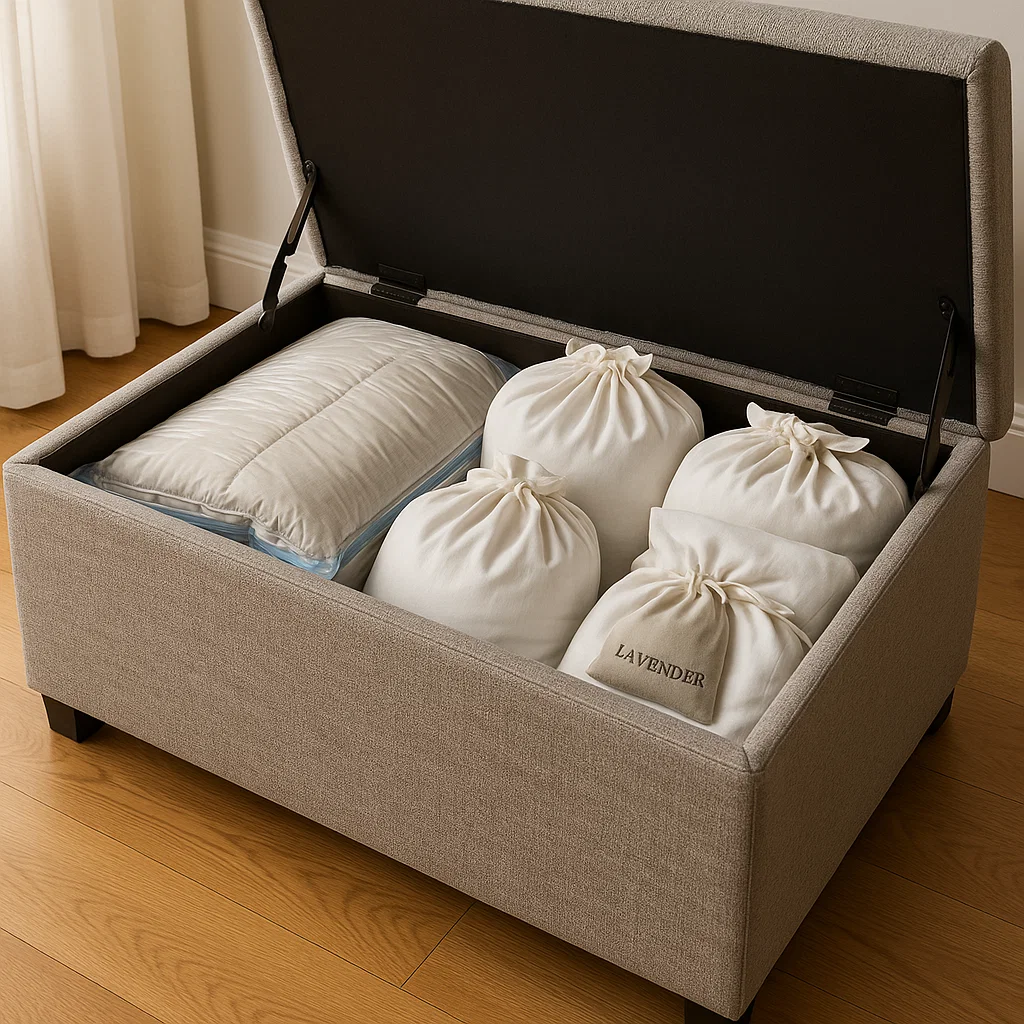 Ottoman bench with open lid containing white bedding and lavender-scented storage bags.