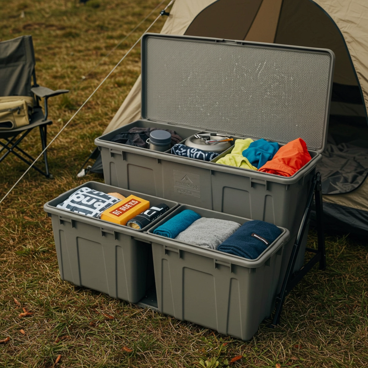 Large shared storage bins with clothes, cooking gear, and essentials outside a tent setup.