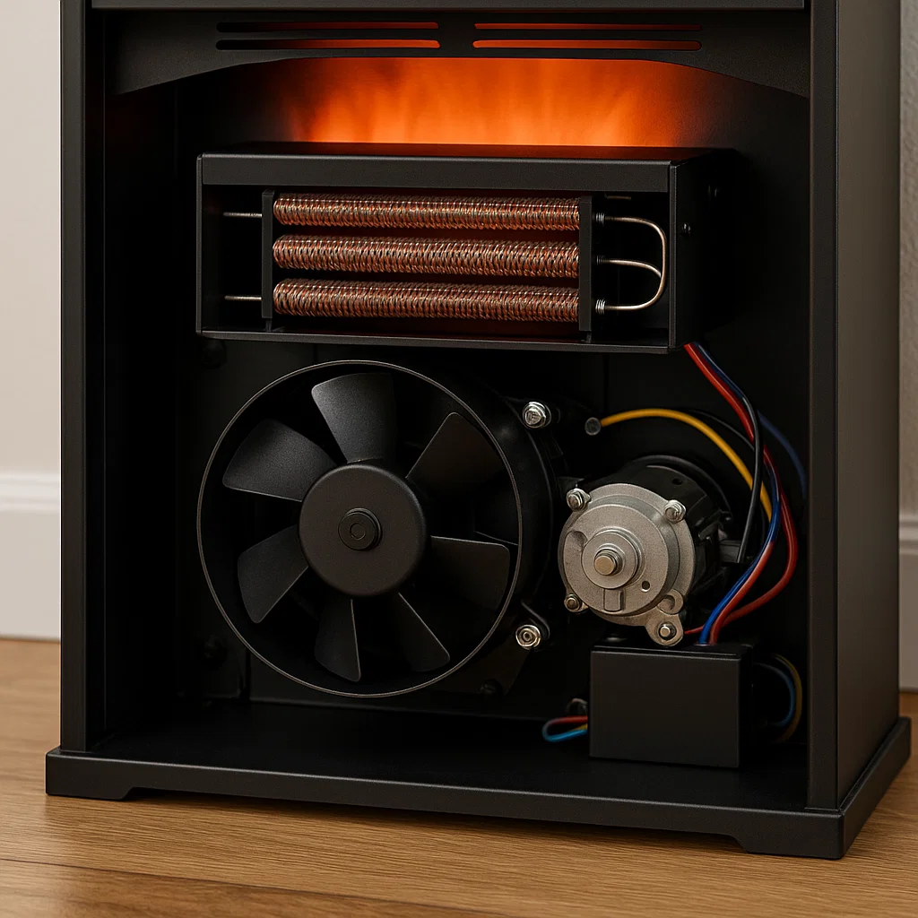 Close-up of electric fireplace heating element, fan motor, and wiring showing convection heating components.