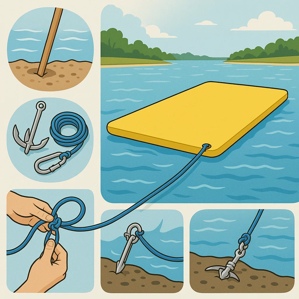 Illustrated steps to anchor floating mat using proper knots, carabiners, and different anchors.