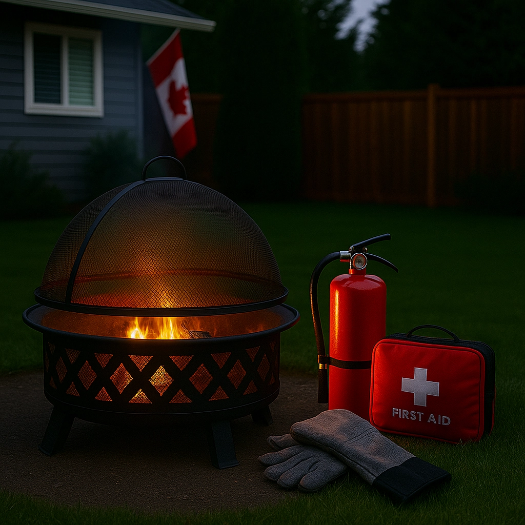 Checking fire pit for remaining embers to ensure complete fire safety after extinguishing flames.