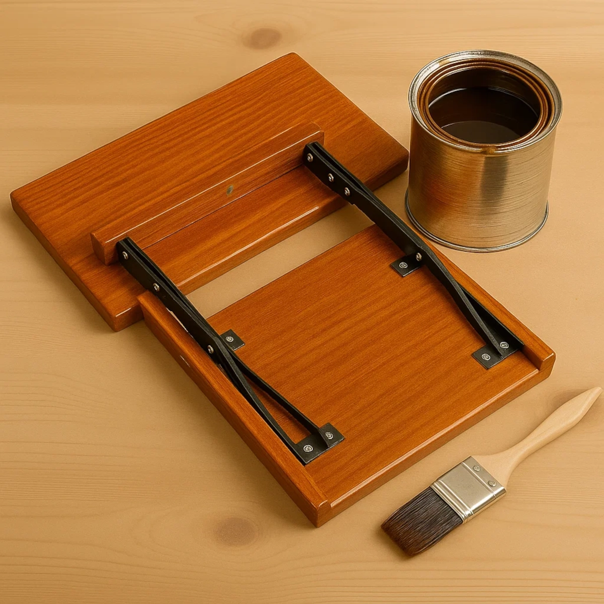 Finished wood table top with folding brackets, open can of varnish, and a brush on a table.