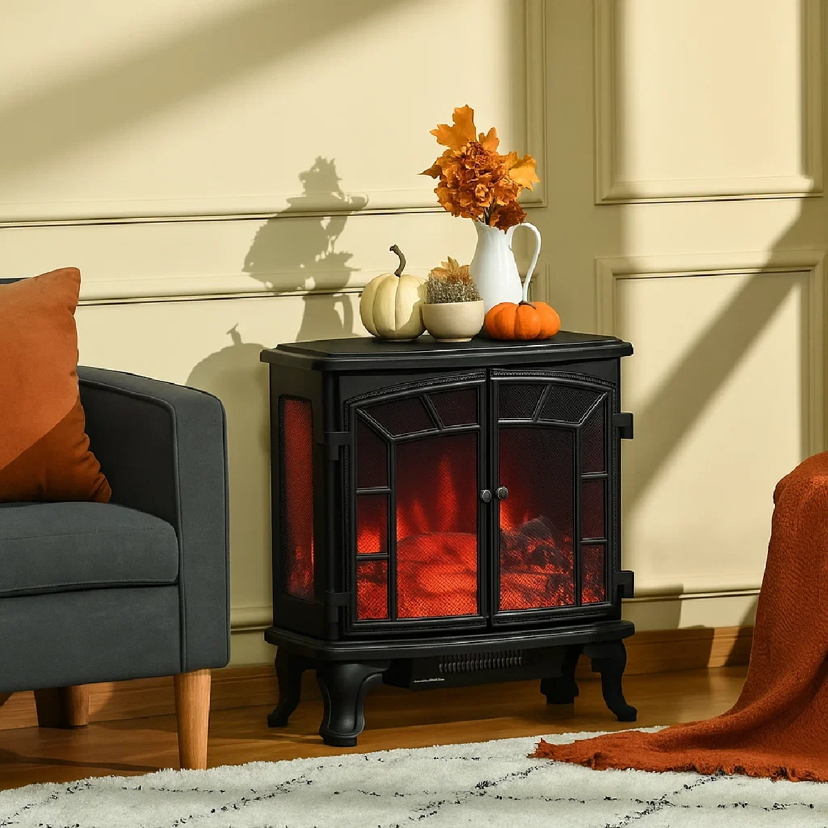 Seasonal electric fireplace decor featuring pumpkins, warm-toned leaves, and a cozy orange throw blanket.