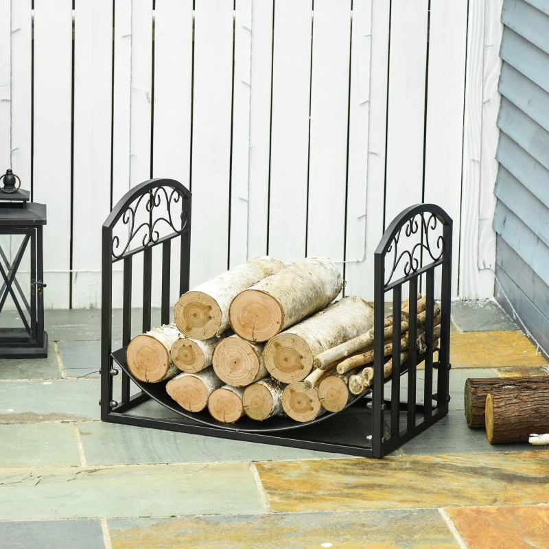 Tall outdoor firewood rack fully stacked with logs beside a patio firepit and lounge chair.