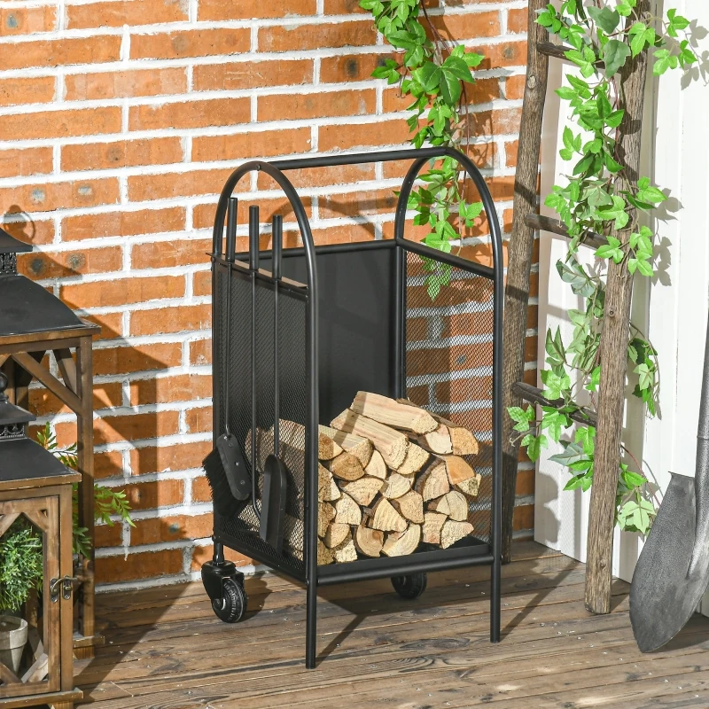 Mobile firewood rack with wheels and mesh frame holding split logs on a rustic patio deck.