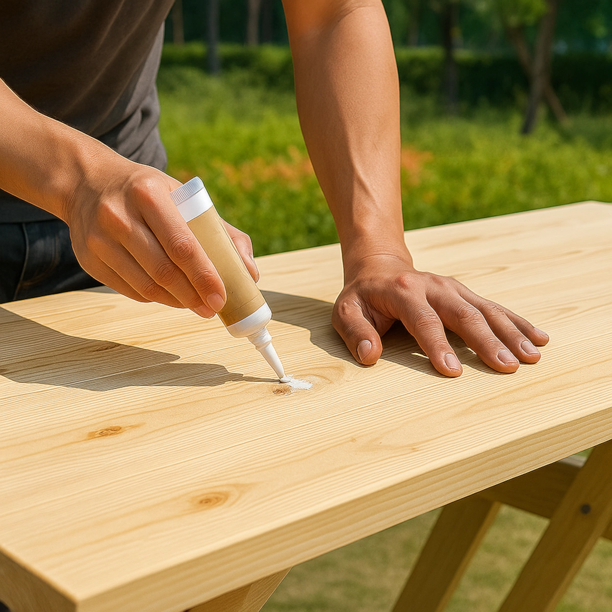 Filling cracks and holes in a wooden picnic table using wood filler and a putty knife.