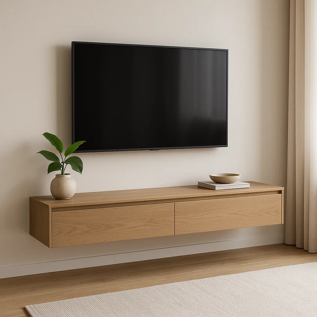 Minimalist floating wood TV stand with clean lines, under a mounted TV in a neutral modern room.
